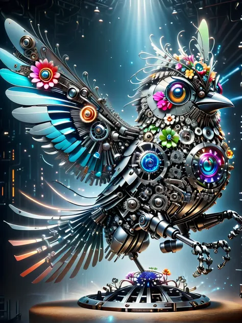 (3d，mechanical感，cute，ais-scrapyrd titmouse，mechanical)，colorful neon lights，高科技mechanical部件，metal body，detailed vibranium flower...