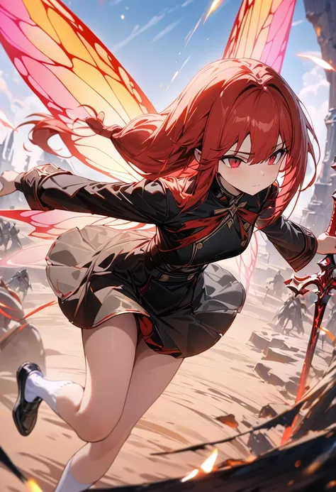 a 16 year old girl with long beautiful red hair and red eyes, Long hair tied on both sides,expressionless like a doll, wearing a black military uniform with a black short skirt, white socks and black shoes, holding a medieval shaped red sword in one hand, ...