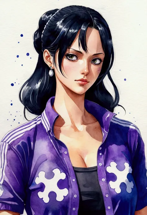 One Piece Nico Robin Creation、Watercolor、An illustration、Black Hair、shirt、precise face features、black eye、Sporty clothes、High resolution
