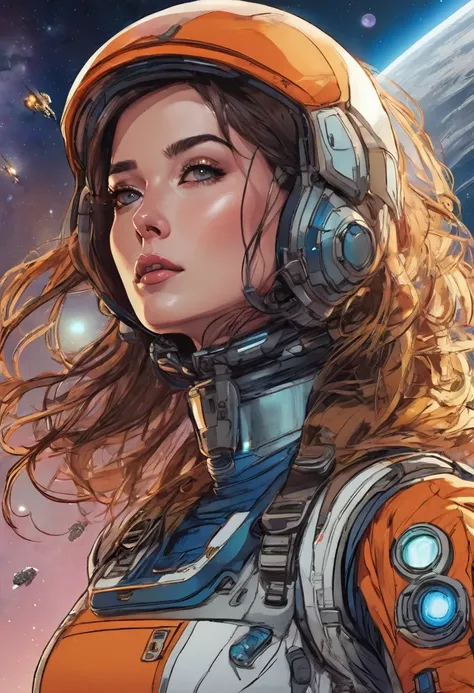 (masterpiece), best quality, bersek, french face, (upper body), courageous woman with shoulder length hair, intricate spacesuit, (perky breasts), (dutch angle), warm palette, (👩‍🚀), space station,comics