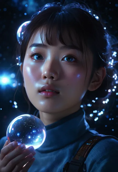 a young japanese girl,floating in space,glowing translucent_orbs,detailed face,beautiful eyes,realistic,cinematic lighting,dramatic colors,digital art,concept art,award winning,masterpiece,8k,ultra-detailed