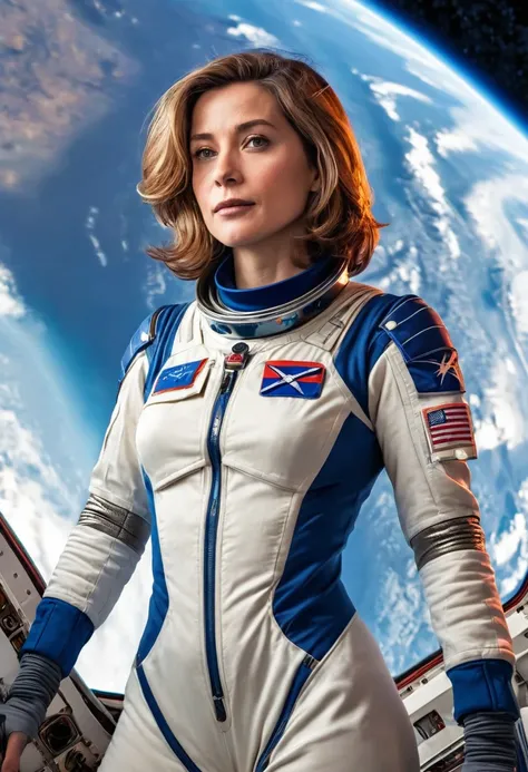 (masterpiece), best quality, bersek, french face, (upper body), courageous woman with shoulder length hair, intricate spacesuit, (perky breasts), (dutch angle), warm palette, (👩‍🚀), space station,comics