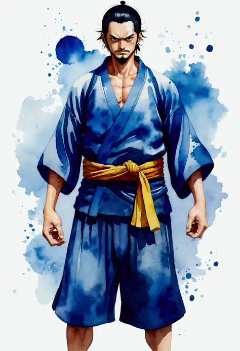 one piece　Jinbei Creation、Watercolor、An illustration、Black Hair、shirt、precise face features、black eye、Sporty clothes、High resolution