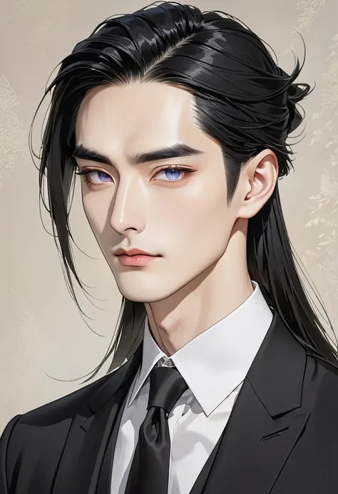 A handsome 30 years man with black coloured almond-shaped eyes, Coarse straight long black hair that is tied behind his back with pale skin, a High cheekbone, Monolids or double eyelids, Sparse and high eyebrows and a Medium broad nose wearing a suit