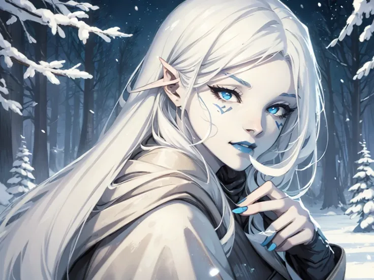 star wars, jarael, pale white skin, long white hair, ((blue lips)), sitting in snow outside, smiling, cute pose, dressed warmly