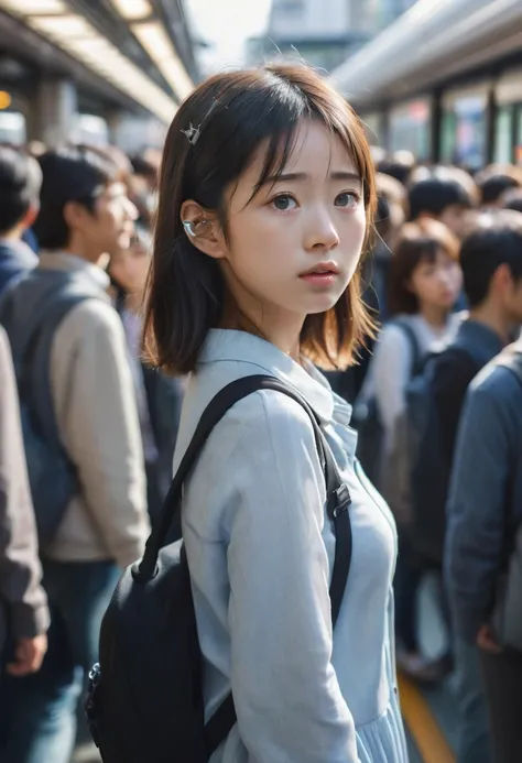 Young Japanese girl standing on a crowded train platform in Tokyo, surrounded by commuters, 8k, highly detailed. She looks overwhelmed, hands slightly raised towards her ears. Subtle, transparent heart shapes pulse around each person, visible only to her. ...