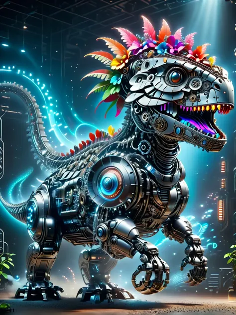 (3d，mechanical感，cute，ais-scrapyrd tyrannosaurus，mechanical)，colorful neon lights，高科技mechanical部件，metal body，detailed vibranium f...