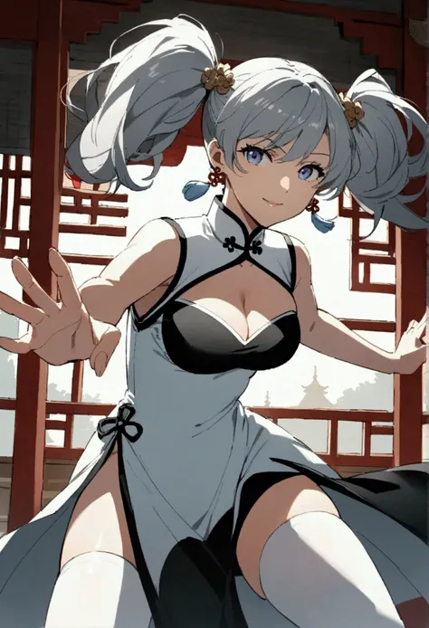 "An anime-style portrait of an adult woman with long twintails, hair ornaments, and earrings, wearing a two-tone black and white Chinese dress with a cleavage cutout and white thigh-highs, in a dynamic action pose with a light smile, centered against a Chi...