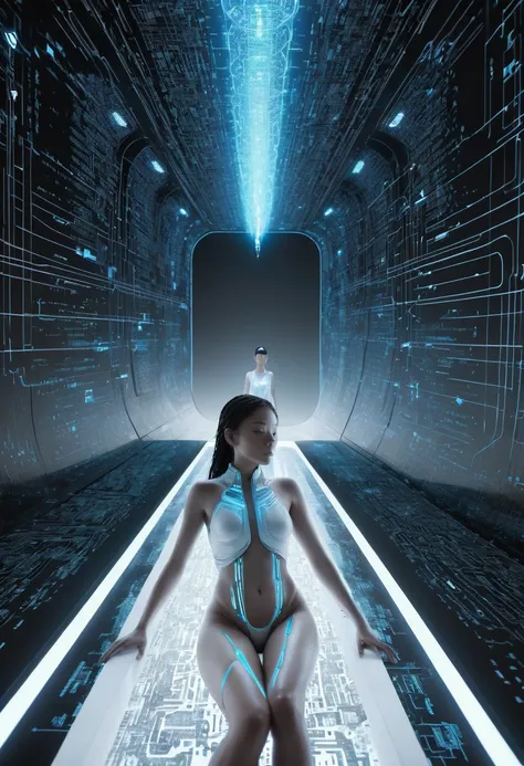 Minimalist white space divided diagonally, 8k, highly detailed. On one side, a girl floats in fetal position. On the other, an androgynous AI figure reaches out. Between them, a stream of binary code and circuitry patterns flow, transforming into DNA-like ...