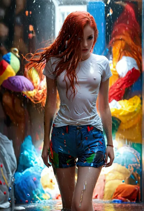 ultra realistic, photography, long red hair, girl, 24 years old, hourglass figure, perfect body, small breasts, Flirty look, extremely detailed artgerm, in the style artgerm, facing the camera, lens 35 mm, blur background, walking in the rain, thin white s...