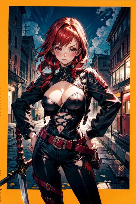 1lady, solo,cool,red hair,red eyes,big breast,cleavage,hold a sword,thief,weapon over shoulder,standing,hand on hip