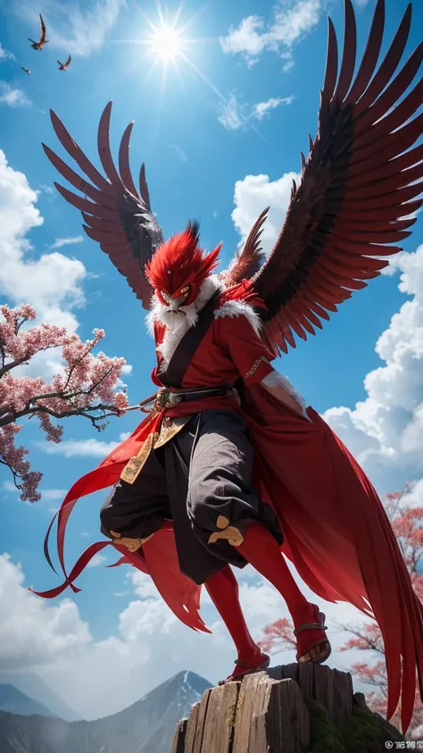 "Tengu iountains in Japan々A legendary monster that lives in、Standing on a tall tree with a long red nose and bird-like wings。He appears to be soaring with the force of the wind.、There is a mysterious mist behind it.。Tengu&#39;s eyes are sharp、It symbolizes...