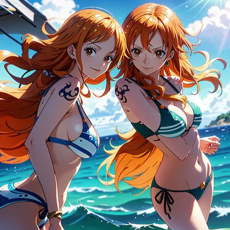 「one piece」Character Nami wearing a swimsuit。Nami has long orange hair and brown eyes.、Has an outstanding style。She is wearing a bikini、Showing a confident smile。The blue sea and white sandy beach are in the background.、The summer sun is shining。