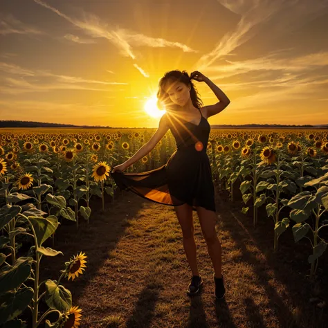 Create a captivating image of silhouetted figures interacting with a large, glowing sun. The scene features a variety of poses: one figure holds a sunflower in front of the sun, another reaches out as if to grasp the sun, while a third figure balances a sm...