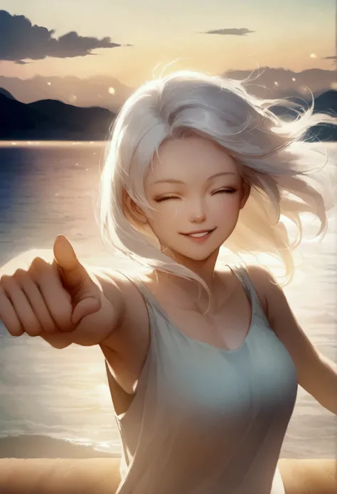 "An anime-style illustration of an adult woman with white hair and yellow eyes, wearing an oversized tank top, performing a love dance solo with a pointing index finger, eyes closed, and mouth open in a smile, set against a light pastel-colored, realistic ...