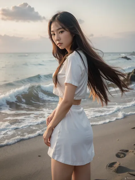 a close up of a woman standing on a beach near the ocean, beautiful south korean woman, gorgeous young korean woman, beautiful young korean woman, korean girl, asian girl with long hair, beautiful asian girl, korean woman, korean womens fashion model, gorg...