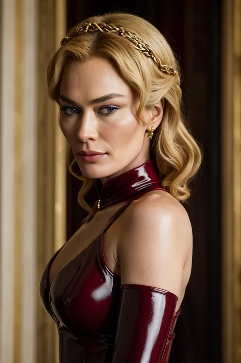 portrait of elegant Cersei Lannister, Thierry Mugler, latex, gorgeous professionally styled hair, haughty, domineering, detailed textures, sharp focus, ultra-high pixel detail, 16k RAW footage, masterpiece