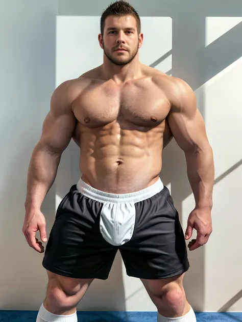 1boy, 独奏, unbuttoned shirt, short shorts, black shorts, Excellent J8，Big bump，Long legs，white socks, (Big dick:0.6), 35 year, masterpiece, details, hairy chest, HD, best shaders, fullbody