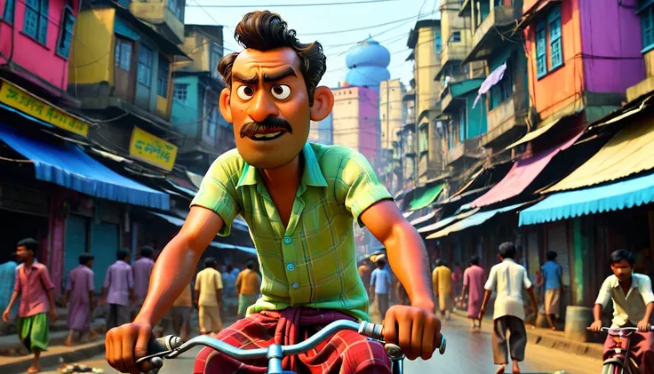 A rickshaw (manually ridden tricycle) puller, poor man, dirty cloths, pedaling through a busy street in Dhaka city, wearing shirt with lungi, sweat on his brow, looking determined, Pixar character design, colorful buildings in the background, detailed face...