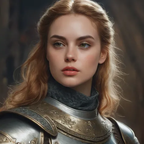 close up portrait photo of Margo Robbie, ModelShooting style, (чрезвычайно подробные обои CG Unity 8k), medieval armor, professional majestic oil painting by Ed Blinkey, Atey Gaylan, Studio Ghibli, Jeremy Mann, Greg Manchess, Antonio Moro, ((dusk1)), trend...