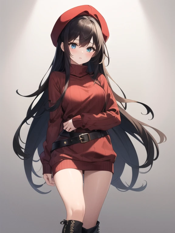 ((Top Quality)), ((Masterpiece)), (Details), 1 girl, sexy, red long hair, blue eyes, beautiful girl, beautiful girl with red long hair and blue eyes, (red clothes≫white mantle), (((Red long sweater with simple vertical lines, red long sweater with fabric t...