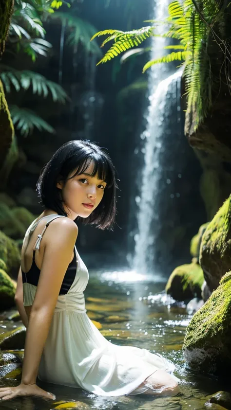 woman black hair, in a waterfall