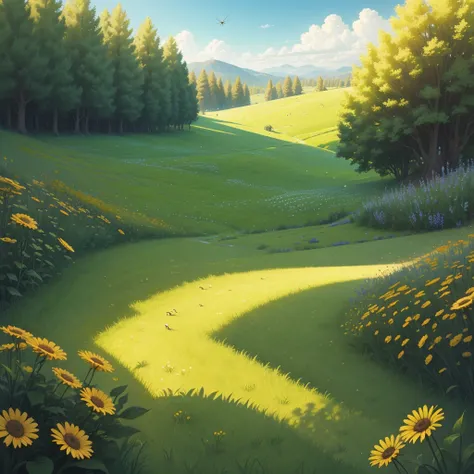 An illustration of a sunny meadow where Ant and Grasshopper live.