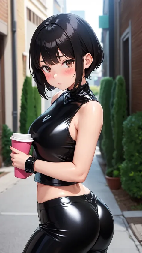 anime girl, kawaii, blushing, brown back, wearing black latex pants, delicious medium sized butt, white and sweaty skin, black hair cut cup