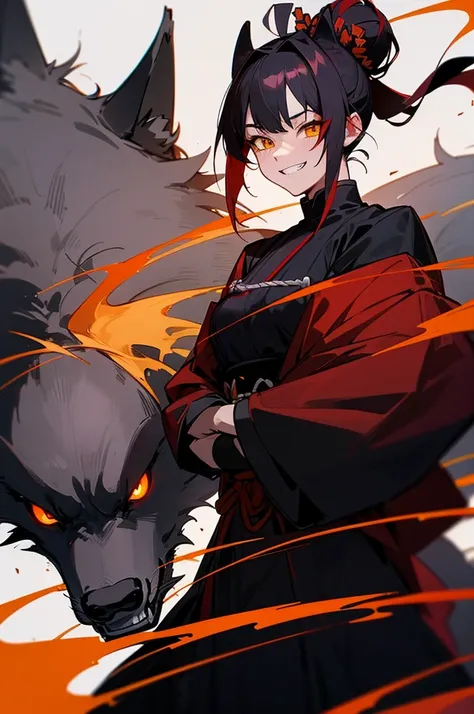 An anime man, 20 year, black hair tied into a samurai bun with red highlights in the front, wolfs ears, wicked grin, Black high-neck blouse, yellow  eyes, 8k, HD