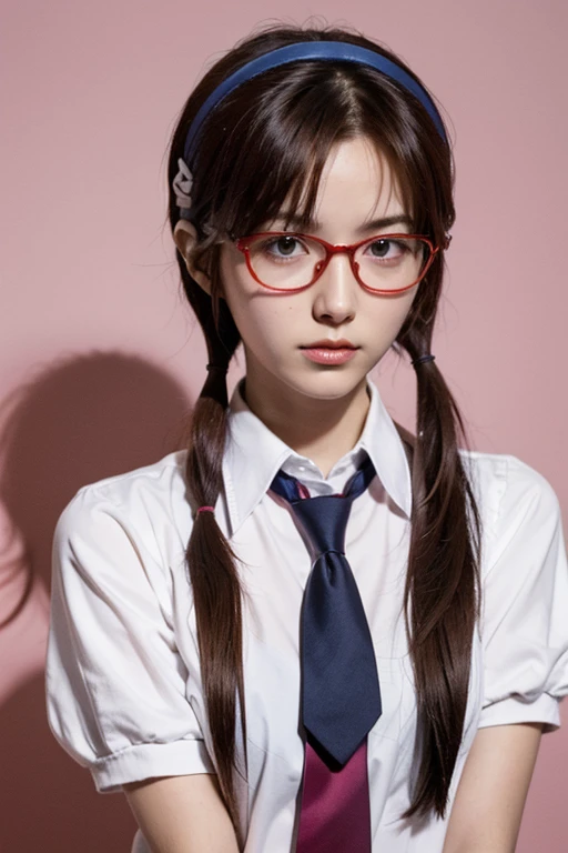 Mari Illustrious , Neon Genesis EVANGELION , Small red rectangular glasses , Brown Hair , Tie your hair on both sides , Mari Makinami, Brown Hair, Glasses, Headband Blue, Twin tails,high school girl、uniform