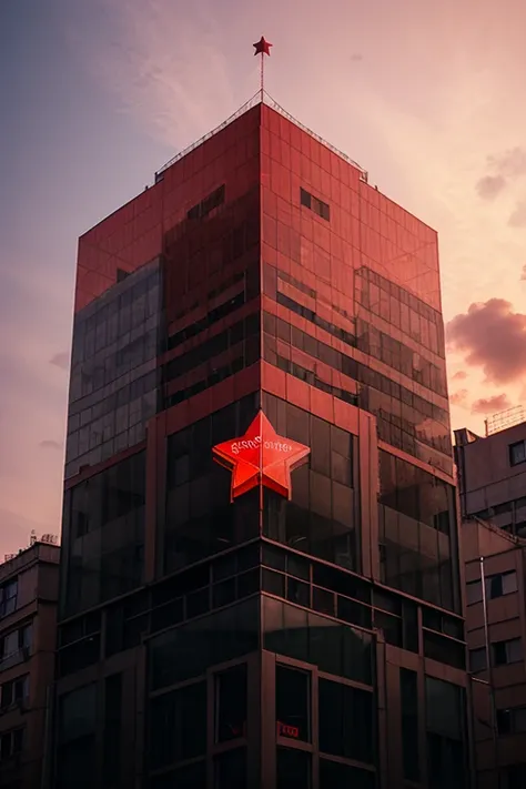 Generate an image which shows the iconic Soviet "Red Star" on a modern glass building tinted a translucent red