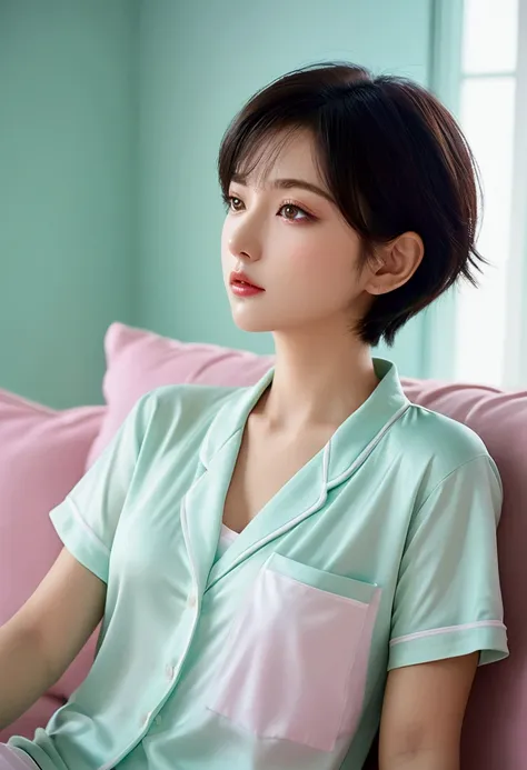 beautiful woman sitting on sofa wearing short sleeve comfortable pajamas_fine details of delicate features:1.2, black short hair...