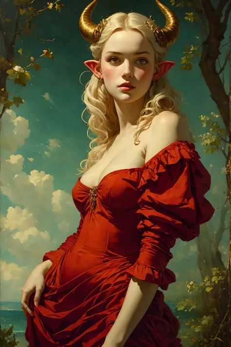 alluring girl, skimpy ornate red dress, horns, pointed ears, curly white hair, red eyes, pale skin, medium body, (outstanding co...