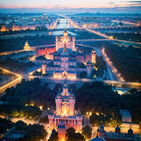 blue sky, evening light, (aerial view of kremlin complex of buildings:1.6), (young beautiful woman is dancing in the air), she w...