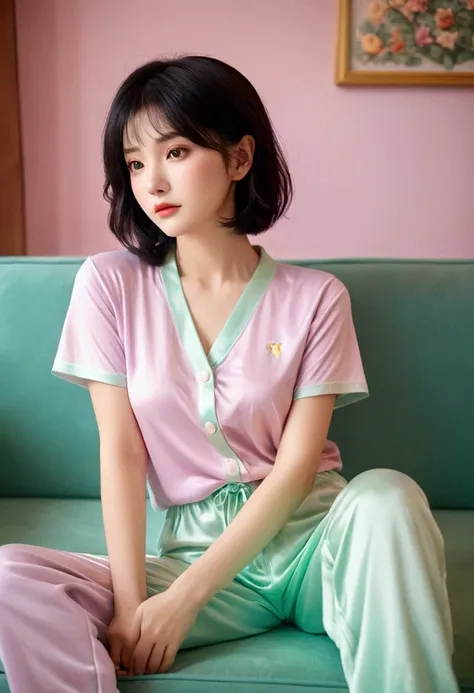 beautiful woman sitting on sofa wearing short sleeve comfortable pajamas_fine details of delicate features:1.2, (no makeup, blac...