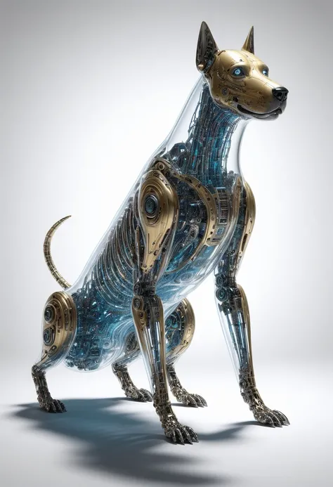 (mercury composed of one Colorful mechanical transparent Cyberdog:1.8) rising from a puddle of liquid mercury, the dog of the movie AXL, extremely shiny, smooth surface texture, polished surface, reflective, side photo, tesselation ral-chrome, Photorealist...