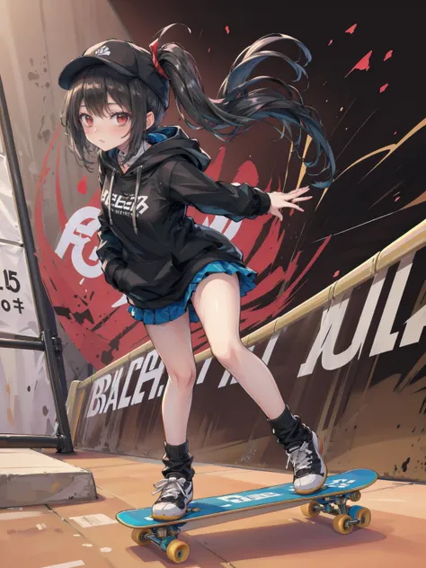 One Woman((Skateboarder,Black hoodie)) background,(Golf Driving Range,concrete) Wear a cap or hat,Skateboarding Woman,(Black Hair,Side Ponytail,Red eyes,Super Shine) Anime Style,Overall view Wind blowing Low angle