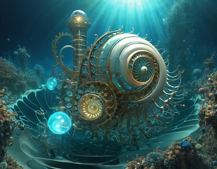 (a mechanical lifeform, the nautilus, drifting in the ancient seas:1.2)、(nautilus machine lifeform)、(nautilus is mechanically dr...