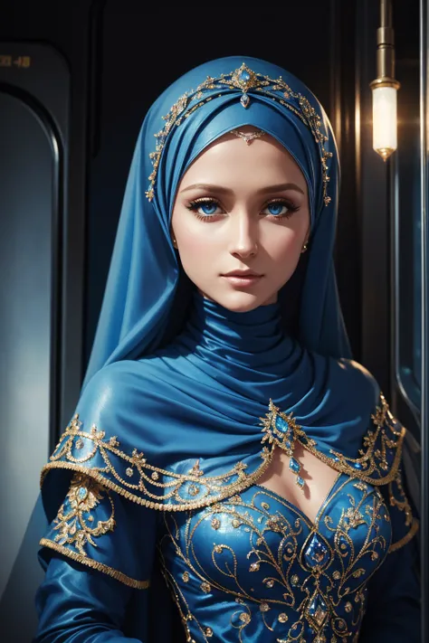 portrait Paris Hilton, wearing a hijab made of blue with jewelry and diamonds costume, against the background of a train, character portrait, 3 9 9 0 s, wavy hair, intricate, elegant, highly detailed, digital painting, artstation, concept art, smooth, shar...