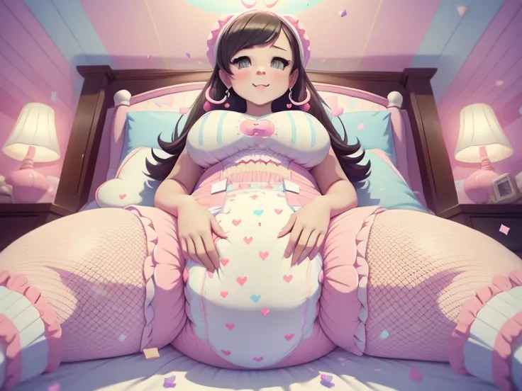 A confident mommydom wearing a big bulbous puffy diaper, heart emojis, bedroom, fishnet stockings, pretty eyes, seductive, flirty, colorful, puffy dress,  room, diapers, confetti, cake