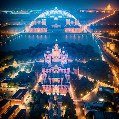 blue sky, evening light, (aerial view of kremlin complex of buildings:1.6), (young beautiful woman is dancing in the air), she w...