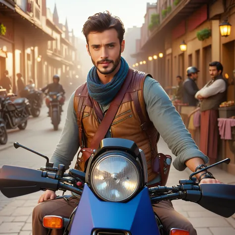 man wearing a scarf and vest on a motorcycle in a street, still from a live action movie, handsome, 2019, 2 0 1 9, 8 k movie still, promotional image, promotional still, adventure movie, scene from live action movie, beautiful man, movie still 8 k