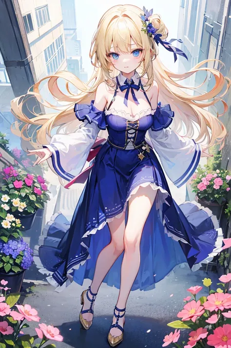 Alice，Light blond long hair，Blue Eyes，Blue Skirt，energetic and cute，In the flowers，Show the chest，Full body picture，