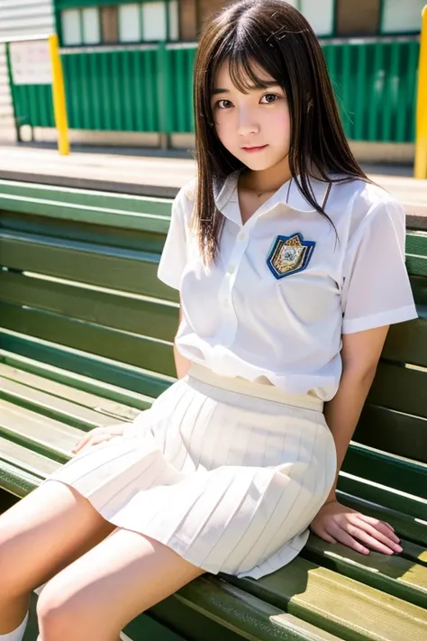 (Browsing Caution), (masterpiece), (High resolution), (Highest quality). Japanese junior high school girls、sit on a bench at the station、languid look、Throw your feet forward、lean back、Anatomically correct、beautiful girl、Spread your legs、A see-through white...