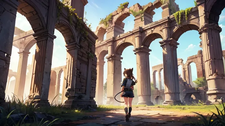 A girl is adventuring through ancient ruins. She has brown hair and short cat ears. She is wearing an exploration outfit and a topee. A black cat is walking at her feet.