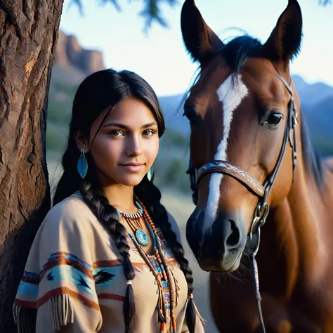 (grainy:0.5), cinematic, beautiful girl 25 year old native american,fantasy,(solo:1.3), detailed eyes, detailed face, detailed native american sexy clothing, volumetric lighting, dusk, extremely detailed background, standing next to tree and mountain, smil...