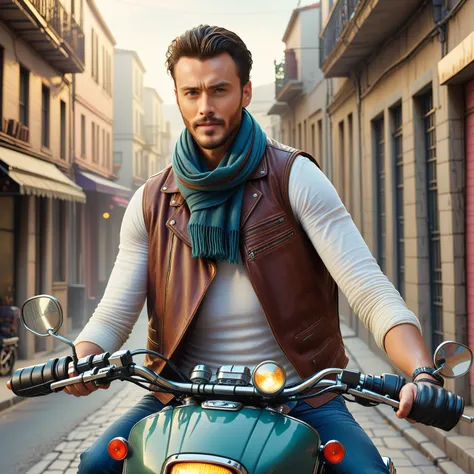 man wearing a scarf and vest on a motorcycle in a street, still from a live action movie, handsome, 2019, 2 0 1 9, 8 k movie still, promotional image, promotional still, adventure movie, scene from live action movie, beautiful man, movie still 8 k