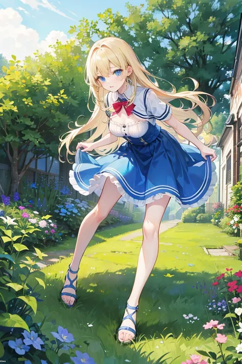 Alice，Light blond long hair，Blue Eyes，Blue Skirt，Big ，energetic and cute，In the Garden，Show the chest，Full body picture，