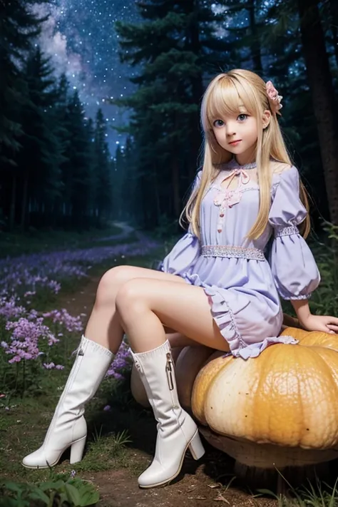 A blonde-haired anime girl with pale blue violet eyes wearing a pink dress with puffy sleeves and white knee-high boots sits in the forest next to an orange mushroom surrounded by fireflies under the starry sky.  