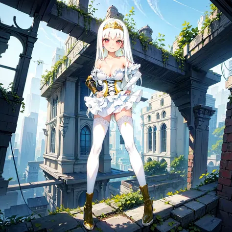 solo, standing skinny girl, long white hair, (white frilled white dress), (very short dress), (white frilled white tops), sheer dress, bared shoulders, too narrow corset cinches waist too tight, white thighhighs, white thigh strap, BREAK, red eyes, BREAK, ...